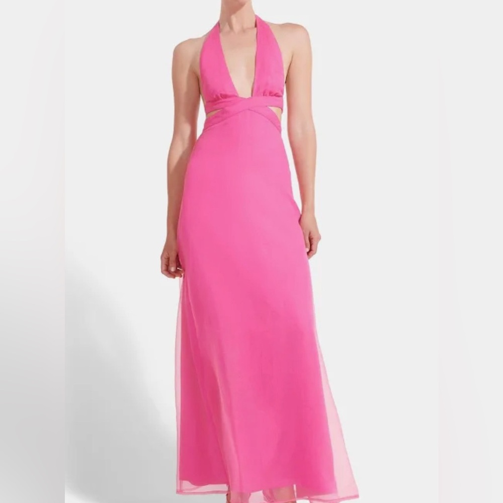 STAUD Vibrant Pink Halter Maxi Dress